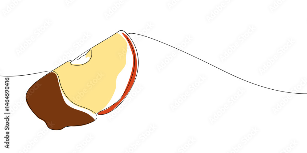 Poster minimalist illustration of a sliced apple partially dipped in chocolate, created with continuous lin