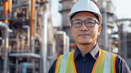Confident Chinese industrial engineer wearing a white hard hat and safety vest stands at a modern refinery site, representing leadership, safety and engineering expertise.
