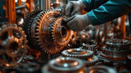 Close-up of a worker assembling intricate gears in a factory.  Hands in gloves carefully align and connect gears