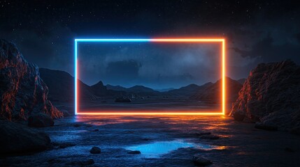 Surreal nighttime rocks illuminated by neon light.