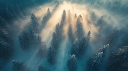 Winter forest aerial view with morning fog.