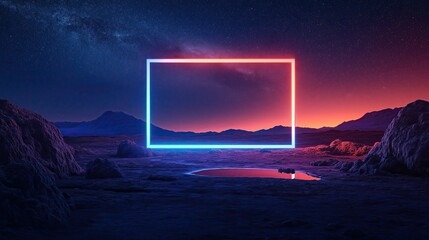 Abstract rocky landscape with bright neon rectangle.
