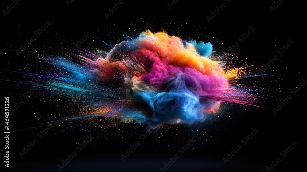 Poster vibrant colorful powder explosion in midair with dynamic splash and cloud formation, creating an ene