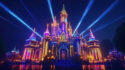 Vibrant illuminated castle in dreamy night scene.