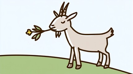 A cartoon goat eating grass, standing on the top of mountain with blue sky background