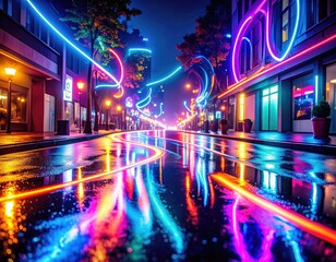 Vibrant neon lights illuminate a rain-slicked city street at night, reflecting in puddles.  The scene is a captivating display of color and light.