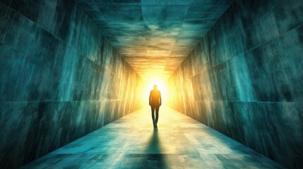 Person exploring surreal illuminated corridor.