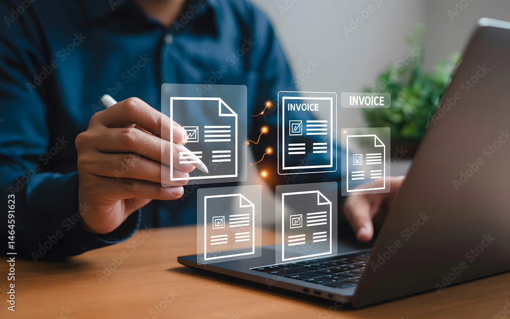 Poster businessman using a laptop to manage digital documents and invoices for business operations remotely
