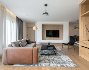 Modern living room interior design with brown leather sofa, wooden flooring, and stylish furniture.