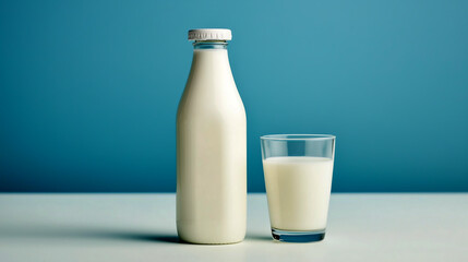 Fresh milk in a glass and bottle on a plain background showcasing simple dairy products