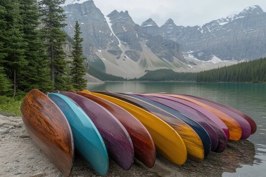 Colorful kayaks lined up at a scenic lake shore, nestled amongst majestic mountains