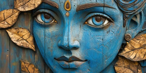 Carved Face with Blue Paint and Golden Leaves Art