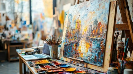 Vibrant cityscape painting on easel in artist's studio