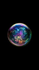 Colorful Iridescent Soap Bubble Against Black Background