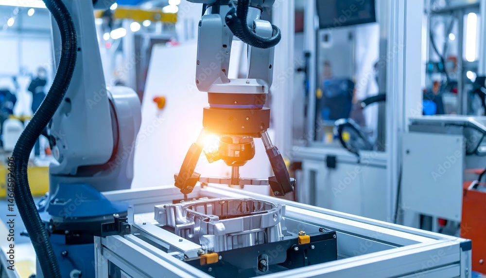Poster robotic arm manipulating a metal part in an automated factory. industrial automation, advanced techn