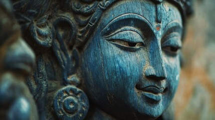 Detailed Carved Wooden Face Statue in Blue with Delicate Features