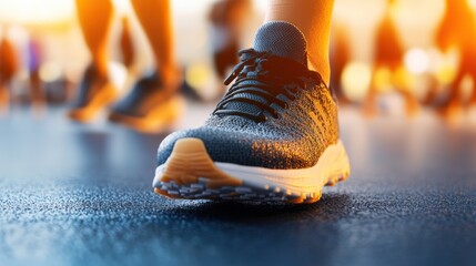 Close-up of a runner's foot in a breathable athletic sneaker stepping onto the track surrounded by blurred athletes in a vibrant gymnasium du a competitive race or training session