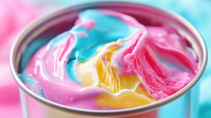 Close-up of Swirled Pink, Blue, and Yellow Ice Cream in a Metal Cup