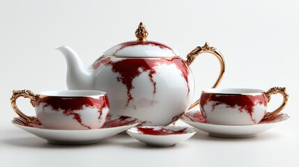 An elegant teapot set adorned with red marble patterns and golden accents, perfectly arranged to showcase sophistication and luxury for tea enthusiasts and fine dining.