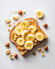 Fototapeta premium Toast with Peanut Butter, Sliced Bananas, Chopped Nuts on White Background, Healthy Breakfast, Delicious Snack with Vibrant Colors and Texture
