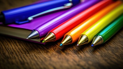 Fototapeta premium Colorful pens and a notebook on a wooden surface.
