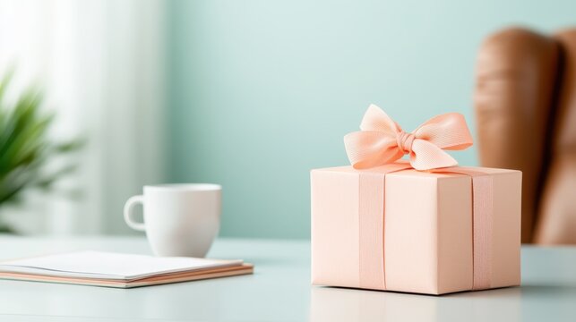A sophisticated gift box wrapped in soft peach ribbon alongside a simple white coffee mug creates a serene atmosphere that conveys warmth and thoughtfulness for special occasions.