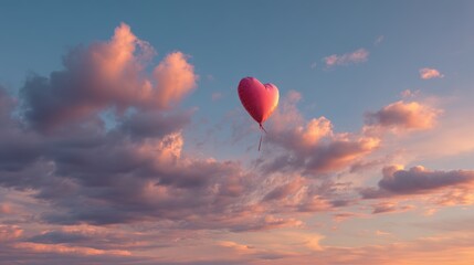 Obraz premium Heart-shaped balloon flying high in the sky at sunset, dreamy and hopeful atmosphere 