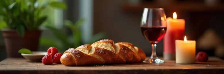 Scenic Shabbat setup; challah, wine & candles , Holiday, Braided