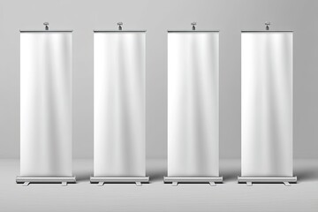 Four blank retractable banners, arranged vertically, against a neutral backdrop. Each banner displays a smooth, white surface, ideal for custom printing