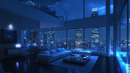 Fototapeta premium Modern penthouse living space at night, overlooking a vibrant cityscape. Spacious, contemporary interior design, with a large, comfortable seating area and panoramic windows