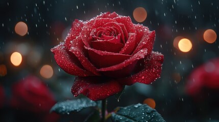 Romantic Red Rose in Rain