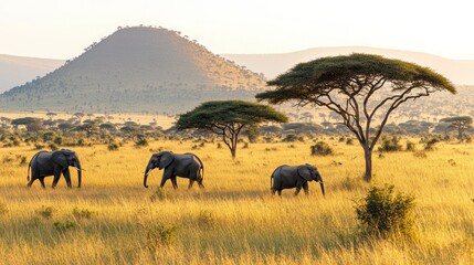 Fototapeta premium Scenic African Savanna Landscape with Grazing Elephants and Iconic Flat-Topped Trees Under Clear Sky Du Sunset or Sunrise in Natural Wildlife Habitat