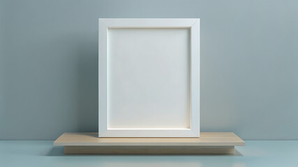 Mockup white placard frame on wooden shelf with blank background