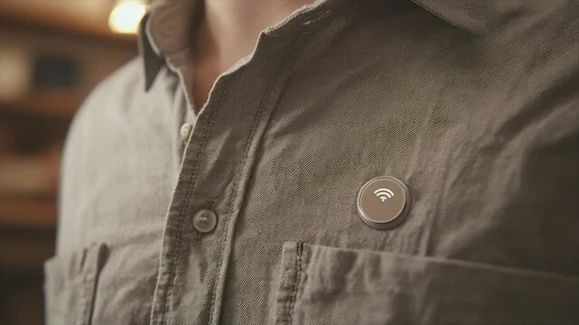 Small, round, wireless device affixed to a button-down shirt