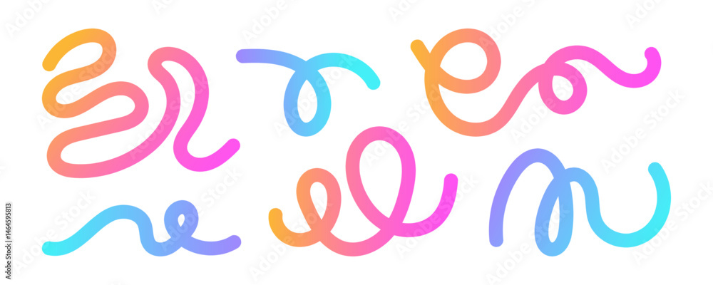 Poster collection of colorful squiggle lines with smooth rainbow gradients on a white background. abstract 