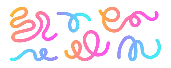 Collection of colorful squiggle lines with smooth rainbow gradients on a white background. Abstract curved doodle fluid lines in neon colors.