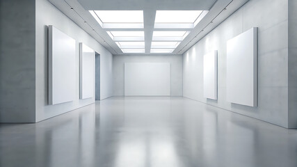 Fototapeta premium Modern bright gallery with blank white wall and wood floor lighting