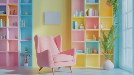 Pastel Pink Armchair in a Sunny Room with Colorful Bookshelves