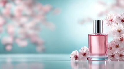 An elegant perfume bottle surrounded by soft pink blossoms, representing femininity, beauty, and grace, perfect for branding in fragrances and personal care products.