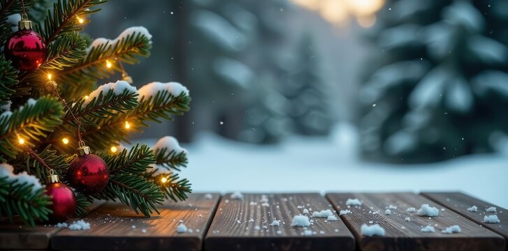 Christmas arrangement Wooden plank, snowy backdrop, glowing lights, pine boughs , bokeh, texture