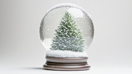 Delicate Snow Globe with a Sculpted Pine Tree and Shimmering Snow Catching Soft Light on a Pure White Background Evoking a Sense of Wonder and Winter Magic.