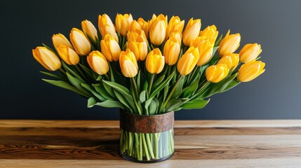 Yellow Tulip Arrangement on Wooden Table