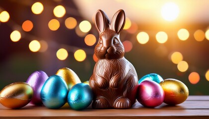 chocolate easter bunny with colorful foil eggs on a wooden table sunset light and blurred festive background with string lights