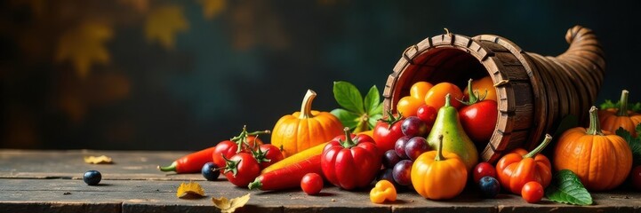 Autumnal cornucopia overflowing with vibrant fruits & vegetables on rustic wood , fall harvest, fall foliage