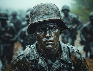 Fototapeta premium Emotional Bronze Soldier Sculpture Representing Bravery and Sacrifice in a Rainy Battlefield Setting