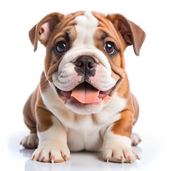 A close-up shot of an adorable smiling bulldog puppy, exuding joy and sweetness with its adorable expression. white background