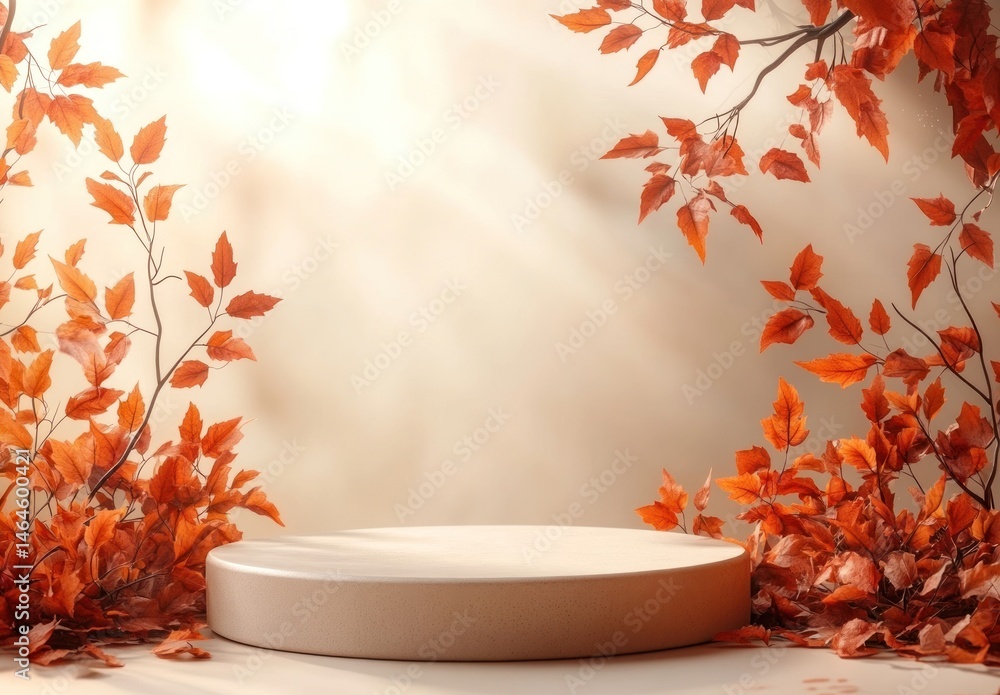 Poster serene autumn scene with vibrant red leaves framing a minimalist display platform in soft light