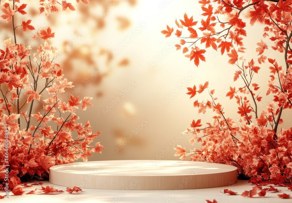 Poster serene autumn scene with maple leaves and circular platform in soft light