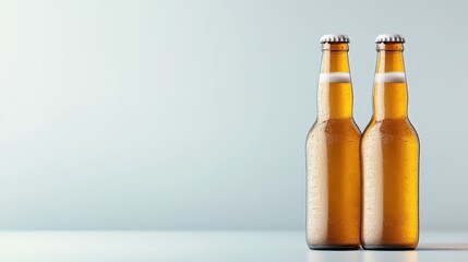 This image features two chilled beer bottles glistening with condensation, showcasing a refreshing beverage perfect for social occasions or relaxation.