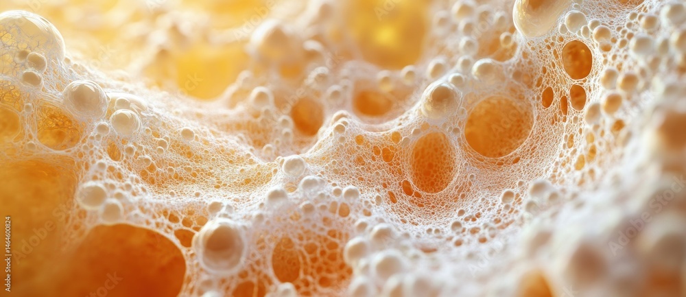 Poster close-up of delicate foam with vibrant orange tones and intricate bubble structures